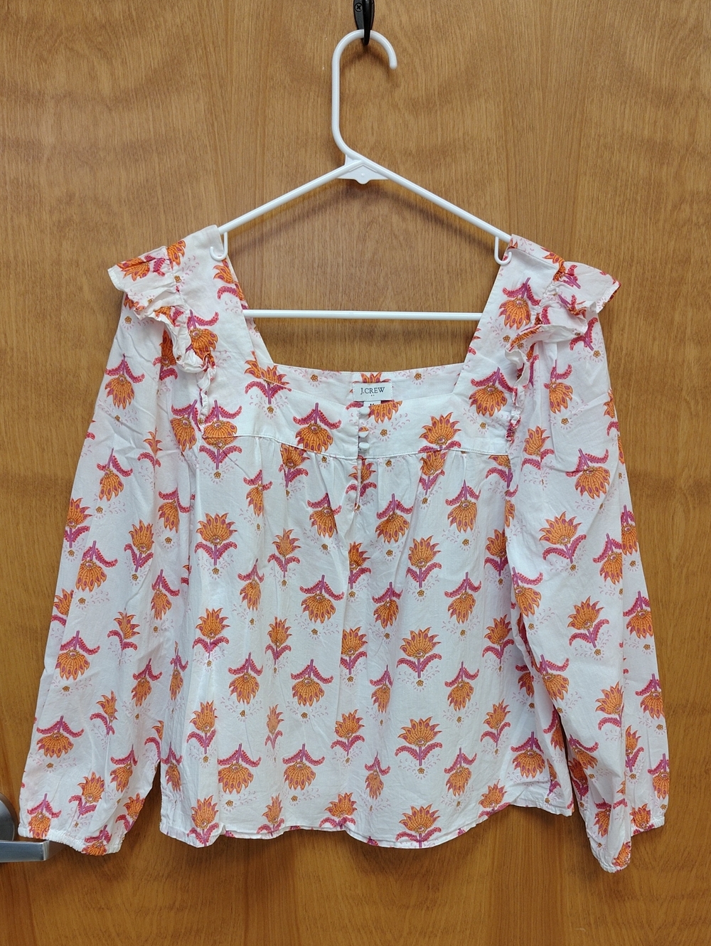 J. Crew Square Neck Peasant Boho Blouse with Orange and Pink Floral Print
